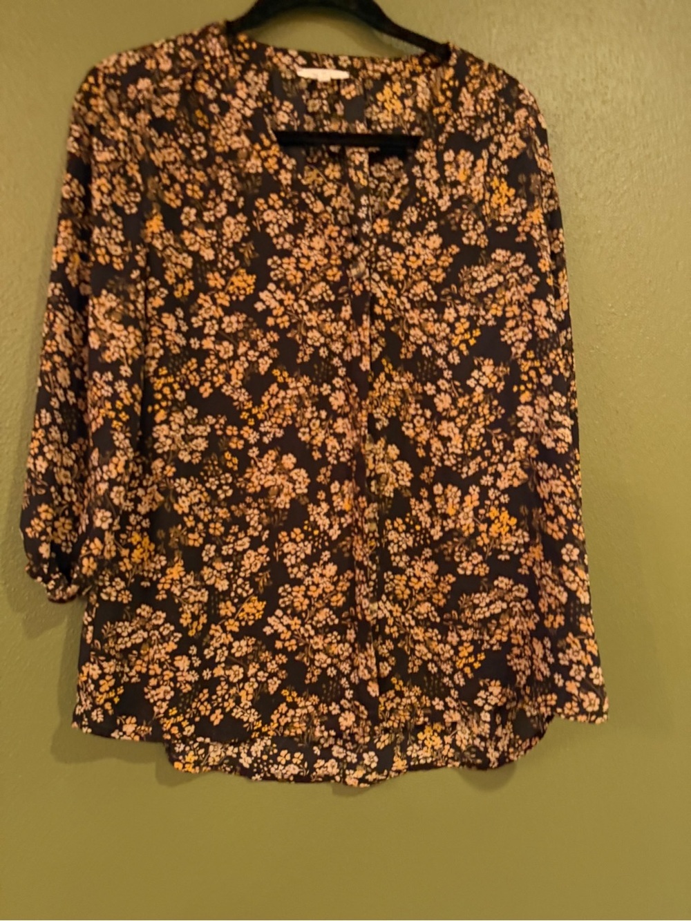 Maurices Black Floral Button-Up Blouse with Yellow & Cream Flowers
